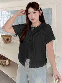 Dazy Plus Plus Size Summer Casual Solid Color Lace Trim T-Shirt