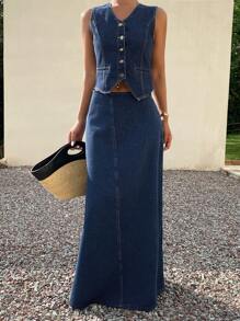 DAZY 女式 V 领无袖纯色牛仔上衣和迷你裙套装，时尚夏季 - 藍色 - 查看 4