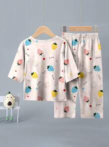 SHEIN Baby Girls' Strawberry Pattern Loose Fitting Loungewear Set, Suitable For Summer - Multicolor - View 4