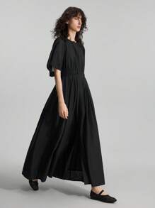 Ontre 2025夏季女士褶裥插肩袖单排扣口袋休闲黑色连衣裙，优雅女士度假长裙，女士休闲长裙，度假海滩毕业教师装，圣诞节服装，秋冬新年服装 - 黑色 - 查看 5