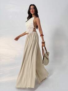 Aloruh 宽松纹理休闲阔腿裤，夏季度假装 - 杏色 - 查看 6