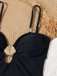 Swim Chiccia Maiô Elegante e Romântico com Decoração de Conchas, Verão - Preto - Visão 5
