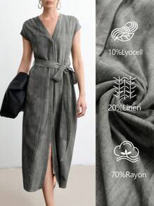 Aalyst Vestido largo con cuello en V, botones al frente, hombros fruncidos y cinturón para mujer, de lino, para vacaciones y trabajo, primavera/verano