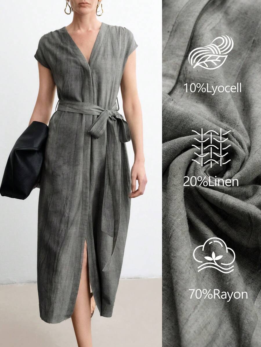 Aalyst Vestido largo con cuello en V, botones al frente, hombros fruncidos y cinturón para mujer, de lino, para vacaciones y trabajo, primavera/verano