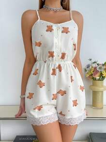 SHEIN 星月熊印花蕾丝边V领连体睡衣 - 米色 - 查看 4