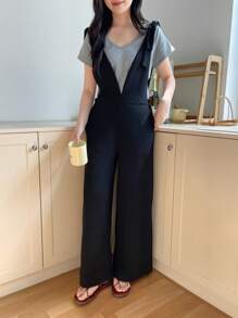 Teenagers (Girl) Casual Versatile Loose Cute Bow V-Neck Jumpsuit, Suitable For School, Outing, Commuting - Black - View 1