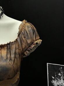 EgrlEra Camiseta ajustada sexy para mujer con mangas abullonadas, cuello cuadrado, cinta y empalmado de malla con estilo retro bombshell - Multicolor - Ver 4