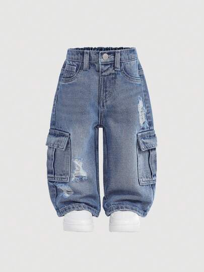 SHEIN Baby Boys' Urban Street Cool Washed Camo Cargo Pocket Loose Fit Denim Jeans,Casual And Versatile For Baby Clothes Boys Four Seasons Indoor/Outdoor Wear Clothes And Streetwear Outfits For Toddler Boys Fall Winter