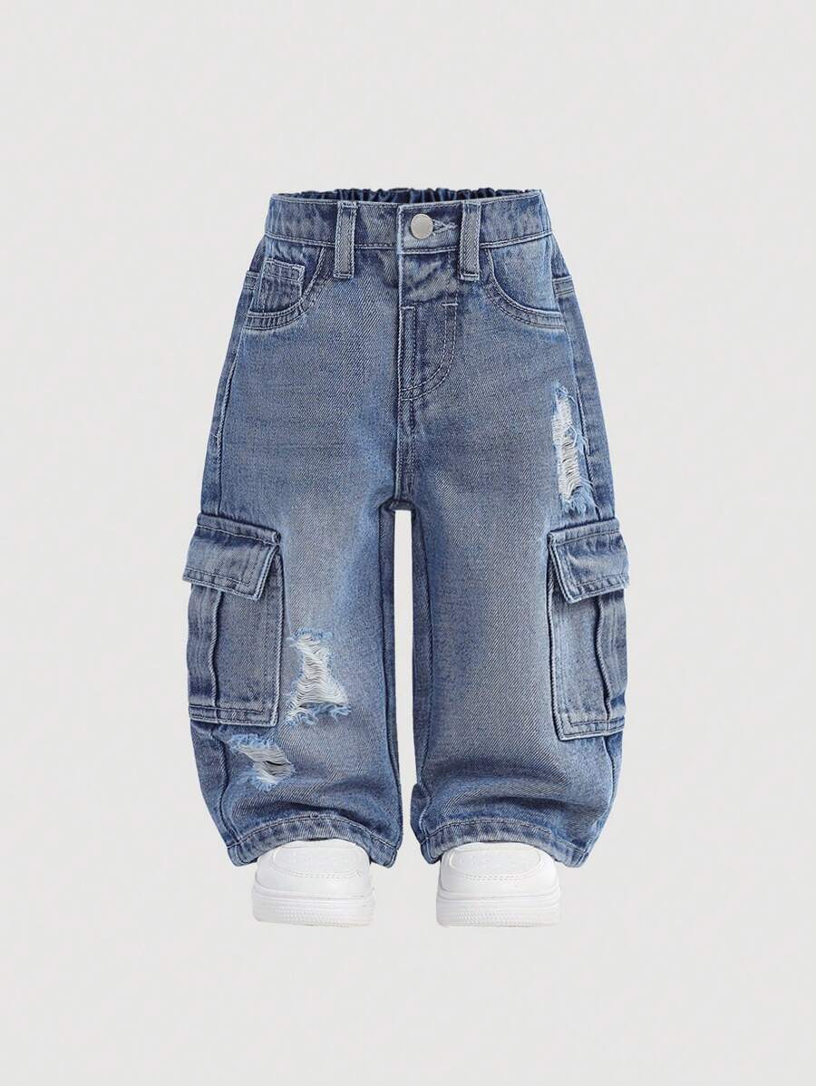 SHEIN 男婴都市街头酷炫水洗迷彩工装口袋宽松牛仔裤，休闲百搭，适合婴儿服装，男童四季室内/室外服装和街头服饰，适合幼儿男孩 - 中等水洗藍 - 查看 1