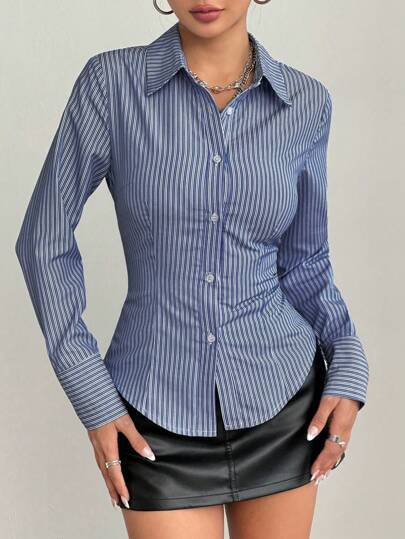 Flirla Petite Blusa informal ajustada con cintura a rayas para mujer para ir al trabajo
