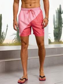 Zalmeno Men's Two-Tone Drawstring Waist Slanted Pocket Beach Shorts, Summer - Multicolor - View 3