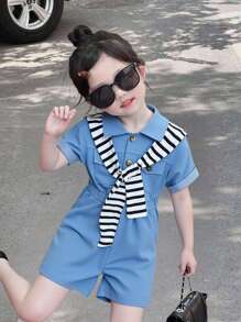 年轻女孩蓝色高腰时尚可爱领短袖连体衣配黑白斗篷，春夏 - 藍色 - 查看 1