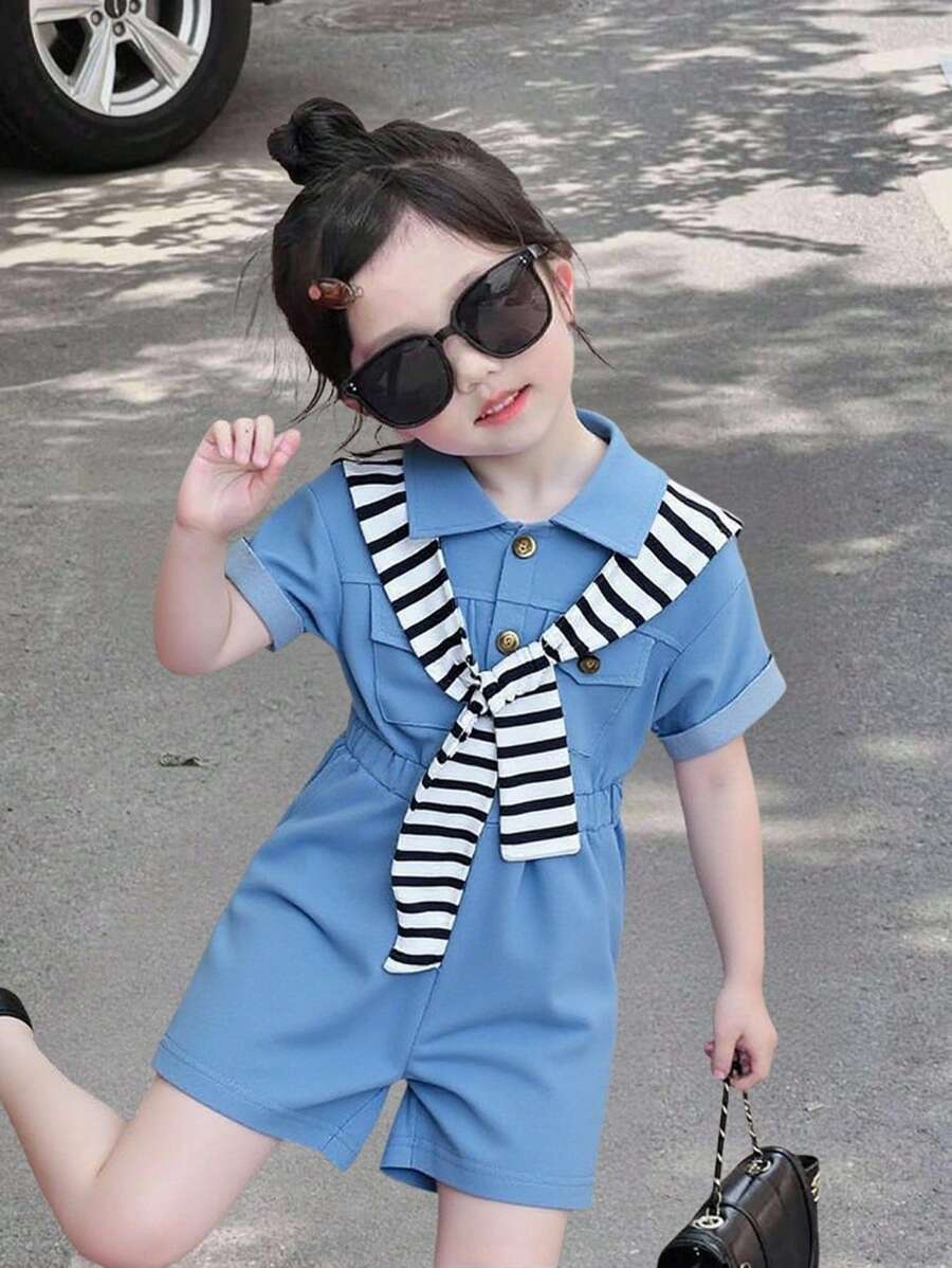 年轻女孩蓝色高腰时尚可爱领短袖连体衣配黑白斗篷，春夏 - 藍色 - 查看 1