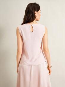 SHEIN Clasi Lotus Root Color Round Neck Bow Decor Women Casual Tank Top - Dusty Pink - View 2