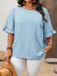 EMERY ROSE Blusa de manga corta de moda casual sencilla para uso diario y vacaciones, de primavera y verano, en talla grande, de color azul claro, para otoño - Celeste - Ver 4
