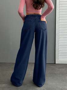 SHEIN Cottnline WOMEN WIDE LEG LOW WAIST CROSS EMBROIDERY JEANS - Dark Wash - View 2