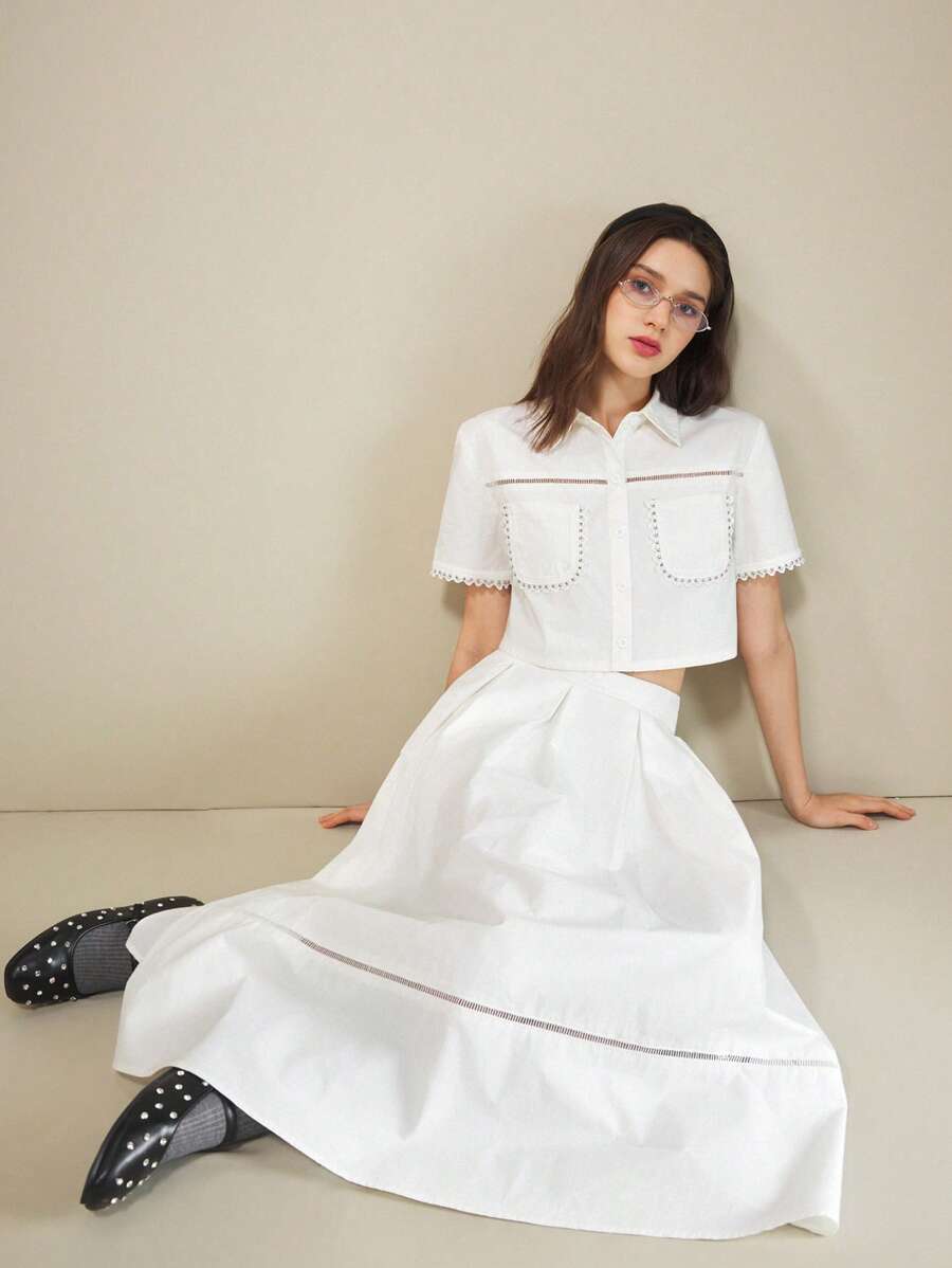 Muvela 女士两件套夏季服装，休闲白色蕾丝领宽松衬衫和长裙优雅女士套装 - 白色 - 查看 1