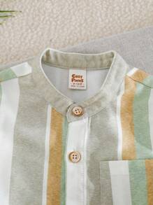 Cozy Pixies Baby Boy 2pc Set - Striped Collar Short Sleeve Cardigan And Elastic Waist Shorts