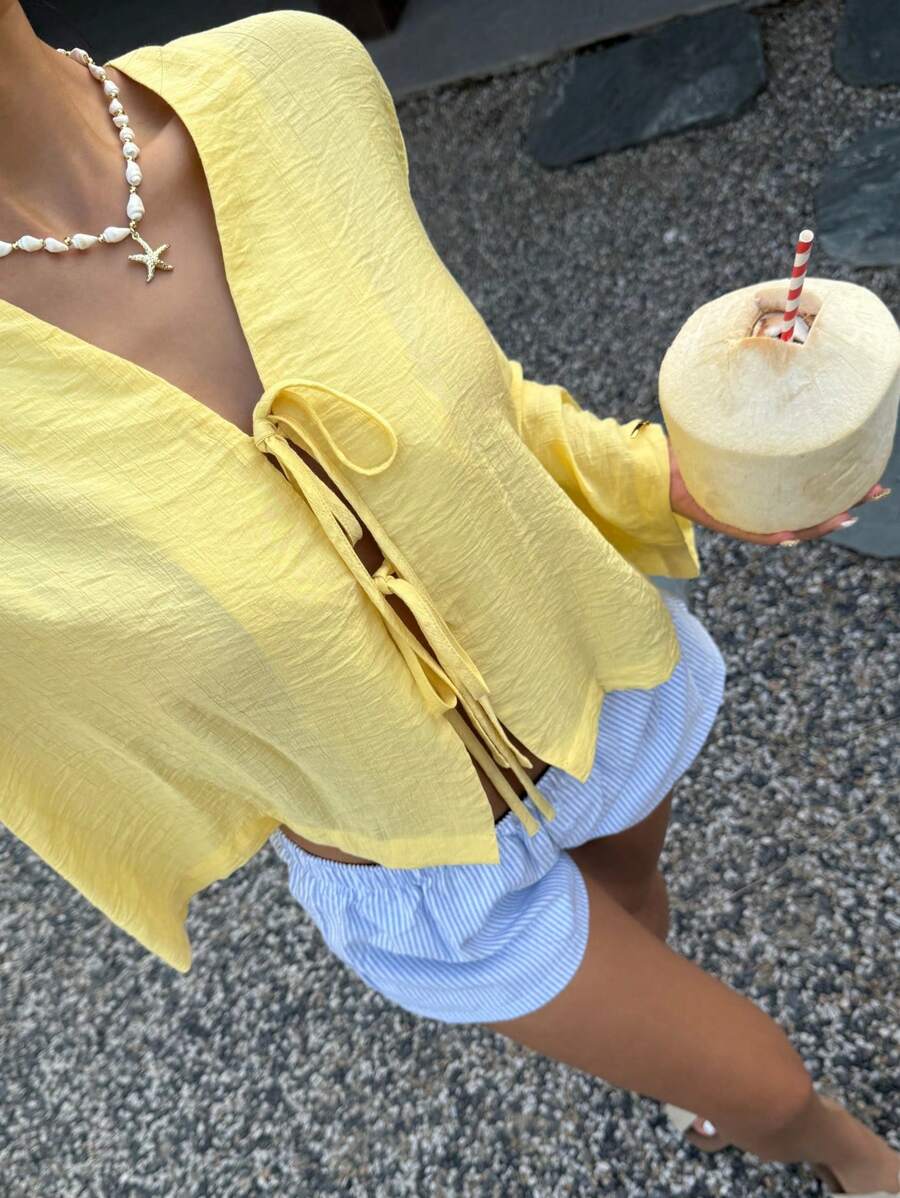 SHEIN EZwear 女士度假休闲黄色编织系腰喇叭袖衬衫 - 黃色 - 查看 1