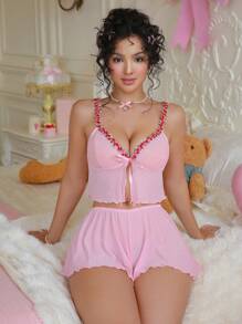PetitDoll Set de 2 piezas Lencería de malla con bordado floral decorativo para mujer, estilo Kawaii