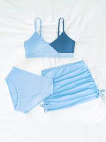 青少年女孩 3 件套泳衣套装 - 泳衣和罩衫裙、海滩派对、波西米亚风泳衣、夏季泳衣、全覆盖比基尼泳裤