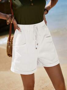 Sylviya Women Casual Solid Color Simple Pocket Twist Front Shorts,High Waisted Shorts