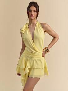 SHEIN BAE 奶油黄色垂坠领口系带荷叶边下摆迷你裙连衣裙，优雅甜美可爱的夏季连衣裙，适合音乐节、度假、海滩 - 黃色 - 查看 7