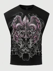 ROMWE MEN Street Life Men's Gothic Element Retro Cross Star Wings Print Theme Tank Top,