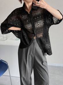 FRIFUL Blusa suelta con hombros caídos y encaje transparente de verano para mujer - Negro - Ver 2