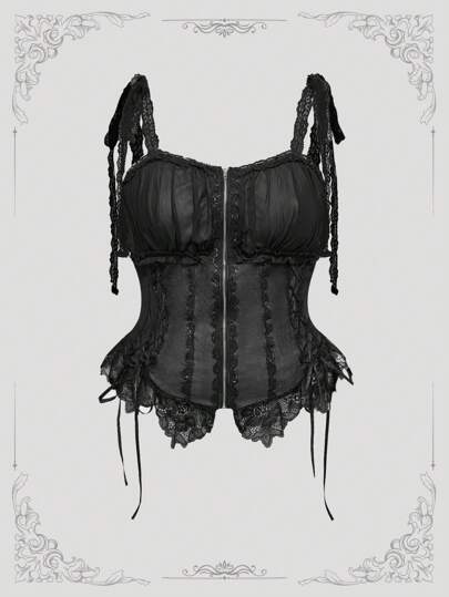 Goth Canotta/corsetto da donna taglie forti in stile gotico retrò e fiabesco, con inserti in pizzo, spalline e vita, adatto per l'estate