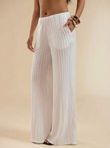 SHEIN BAE White Jacquard Knit Low Waist Loose Wide Leg Pants, Casual Vacation Beach Trousers, Spring/Summer - White - View 5