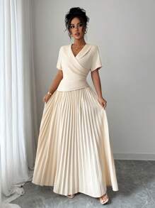 Elenzga V 领褶饰腰部 A 字型优雅浪漫女士连衣裙，短袖