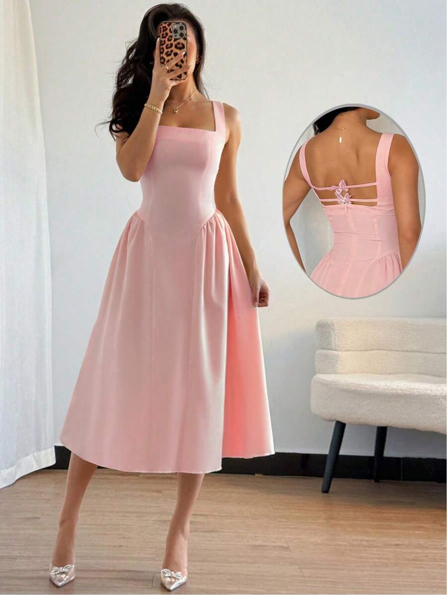 Modelyn 女士方领镂空优雅中长连衣裙，夏季 - 粉色 - 查看 1