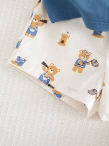 Cozy Pixies حزمة من قطعتين زي رضيع صبي بتصميم الدب الكرتوني الصوف الناعم و الجسم المحبوك قطعة رومبر وشورت الخصر المطاطي - متعدد الألوان - مشاهدة 8