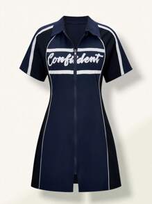 SHEIN 1 pieza Vestido de carreras de cuello polo ajustado para adolescentes niñas, con estampado de gráficos y letras