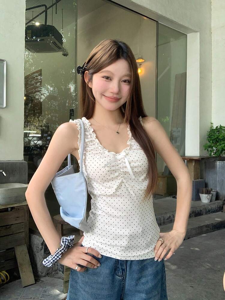 Women's V-Neck Ruffle Polka Dot Sleeveless T-Shirt