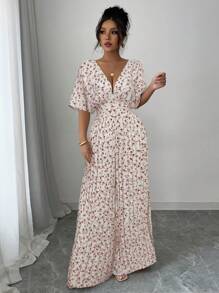 Elenzga Bộ đồ liền thân in hoa cổ chữ V sâu tay cánh dơi xếp ly thanh lịch dành cho nữ - Đỏ - Xem 3