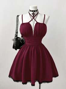 Sunspun Váy dài ren chắp vá chéo cỡ lớn thanh lịch cho ngày lễ, phù hợp cho mùa xuân/hè - Đỏ - Xem 3