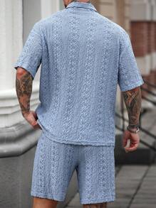 Manfinity Homme Men's Textured Knit Polo Shirt And Shorts Set Men Two Piece Casual Short Sets Mens Baby Blue Short Set Crochet Mens Short Set