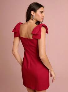 Enchnt 女士优雅无袖连衣裙，方形领口，蝴蝶结装饰，夏季 - 紅色 - 查看 3