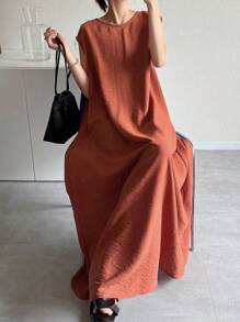FRIFUL Women's Long Dress With Hollow Back Design And Flared Hem, Solid Color Round Neck Beach Vacation Dress,Casual Women Dresses - Orange - View 3