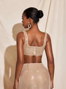 VIOLA AND VESPER Transparent Sequin Square Neck Crop Bra Top Women Summer Casual Top