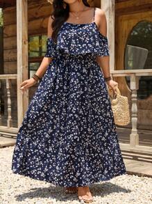 SHEIN LUNE Long Off-The-Shoulder Boho Dress With Flower Print For Plus-Size Women In Summer Vacation Outfits Dress,Summer Dresses For Women,Maxi Dress