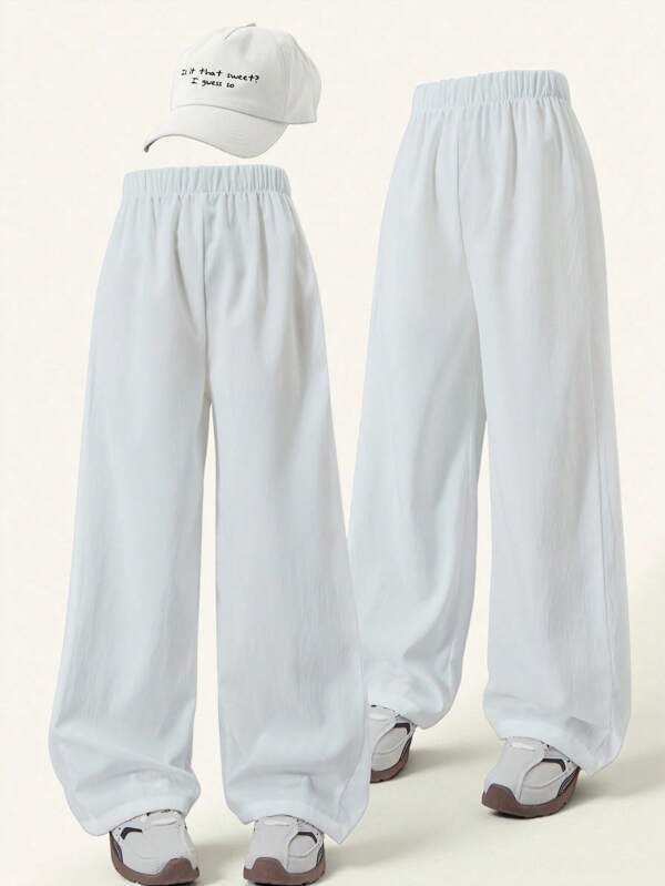 SHEIN 1pc Tween Girl High-Quality Textured Fabric White Casual High-End Comfortable Long Pants, New Summer Style Girls Pants Outfits