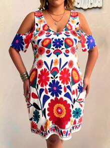 Sunserae Plus Size Floral Print Off-Shoulder Short Sleeve Dress For Summer - Multicolor - View 3