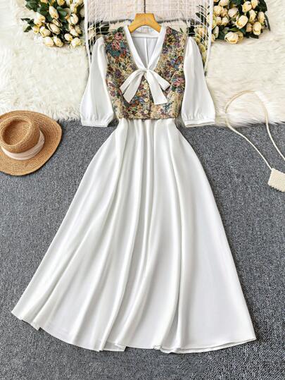 DreamSkyne Plus Size Women's Hot Selling V-Neck Tie Bow Lantern Sleeve Waist Cinching Flared A-Line Long Vest Top, Jacquard Vintage Palace Style Elegant Outer Layer Dress, 2 Pieces Outfit, Summer Blouse Dress