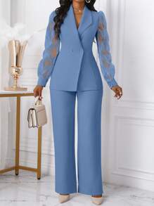 Xyvia Bộ 2 quần áo công sở nữ thêu họa tiết hai hàng khuy, áo khoác blazer bó sát và quần - Màu xanh bụi bặm - Xem 4