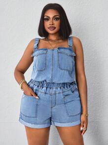 SHEIN SXY Women's Summer Multi-Pocket Washed Denim Jumpsuit