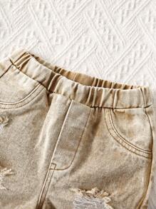 SHEIN 2 件套男婴/女婴休闲趣味纹理条纹 Polo 衫和松紧腰牛仔短裤夏季服装，适合居家、户外、旅行 - 卡其色 - 查看 6