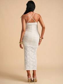 MaterniChic Maternity Dress Maternity Lace Patchwork High Slit Sleeveless Dress - Apricot - View 2